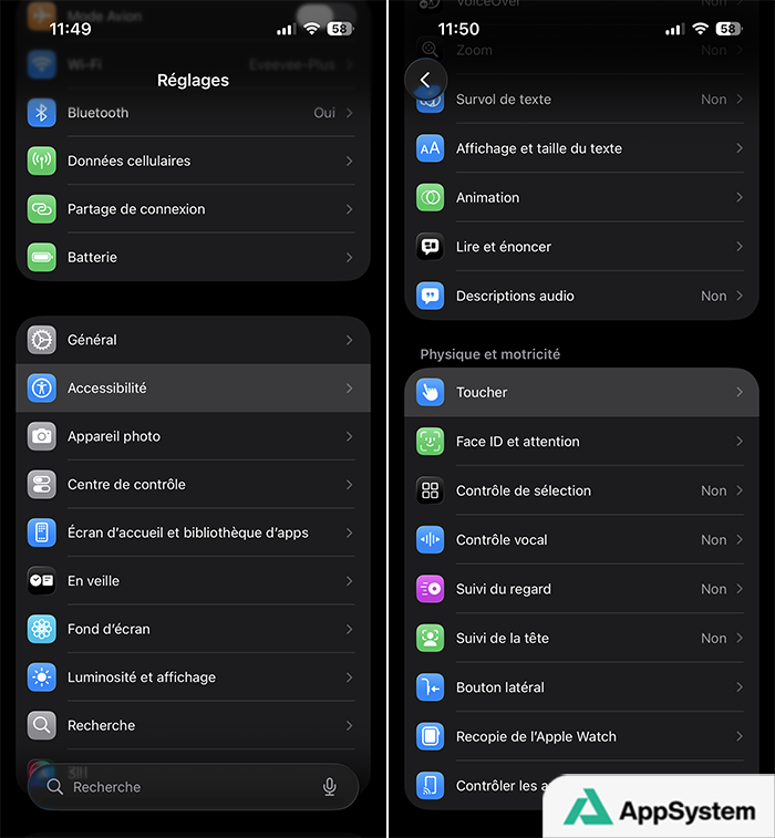 Réglages iOS 26.1 sur iPhone : accès au menu “Toucher” dans Accessibilité