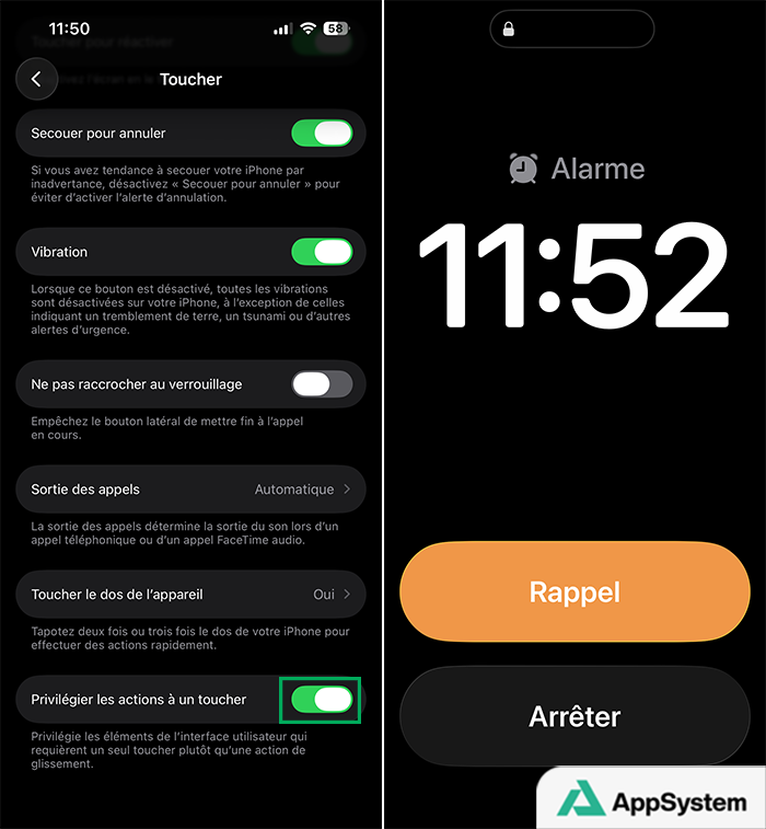 Option “Privilégier les actions à un toucher” activée sur iPhone avec iOS 26.1