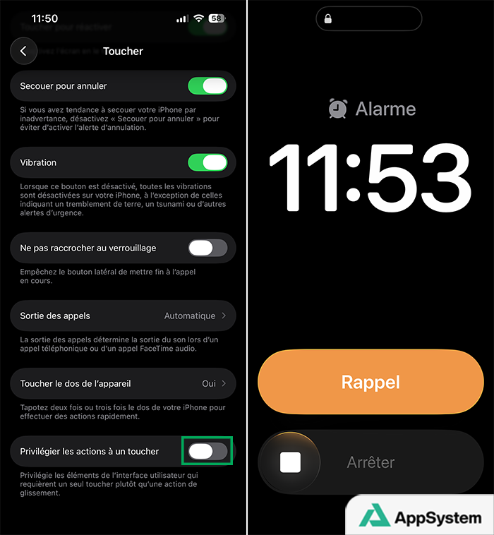 Option “Privilégier les actions à un toucher” désactivée sur iPhone avec iOS 26.1