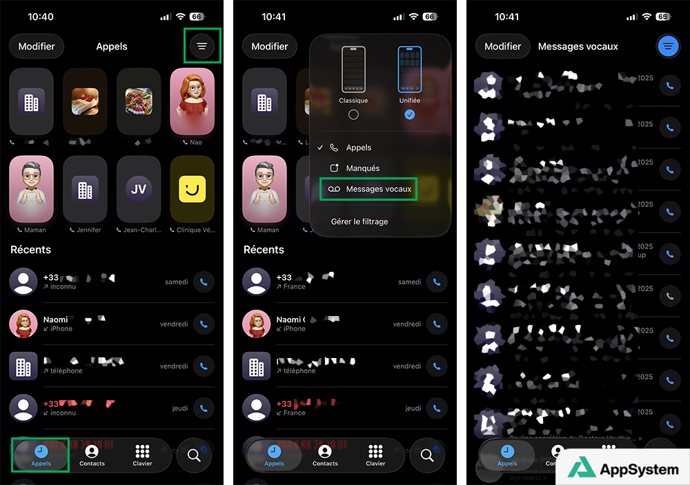 Étapes pour accéder à la messagerie vocale visuelle dans l’app Téléphone sous iOS 26