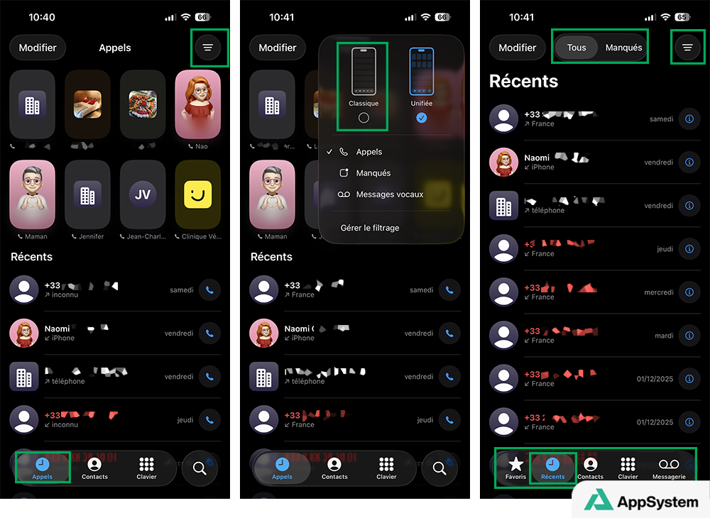 Changer l’affichage de l’app Téléphone vers le mode classique sous iOS 26