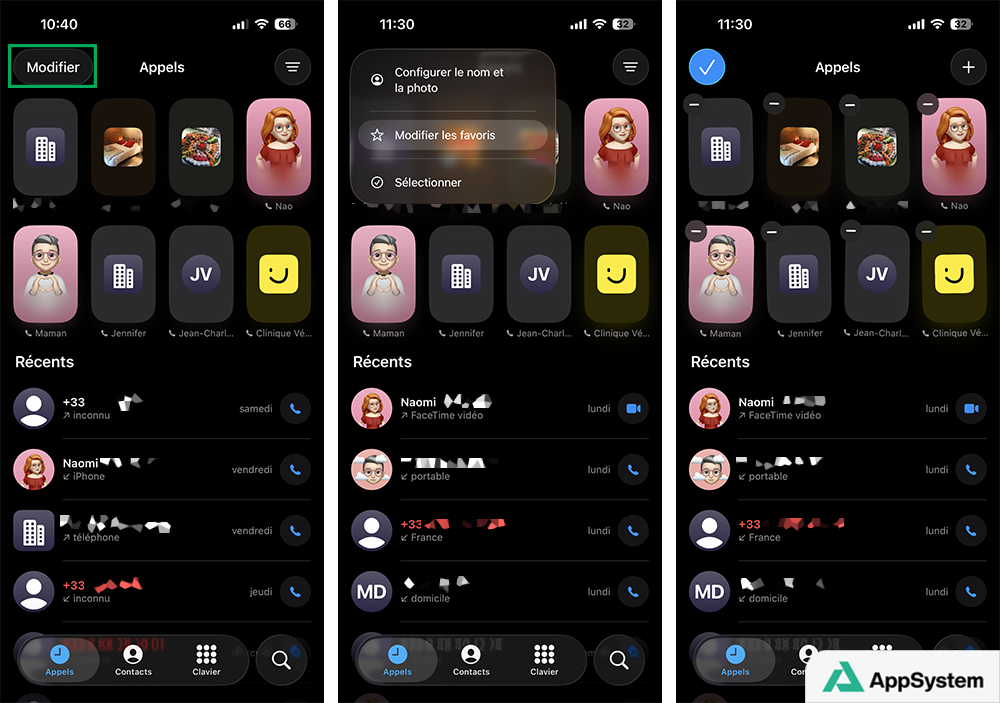 Options pour modifier les favoris dans l’app Téléphone sur iOS 26