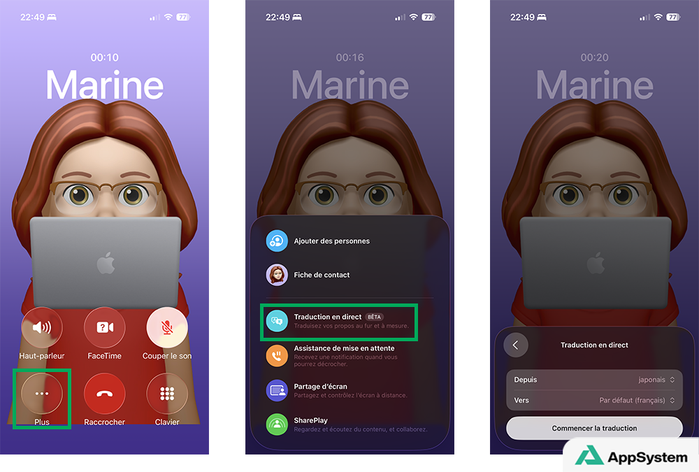 Activer la traduction en direct pendant un appel téléphonique sur iPhone