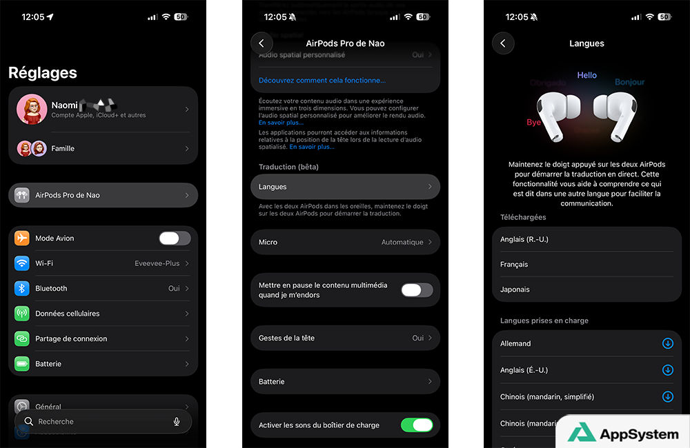 Réglages des AirPods avec section Traduction et liste des langues téléchargées