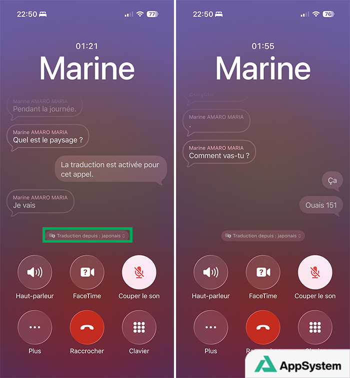Affichage de la traduction en direct (en temps réel) lors d’un appel sur iPhone