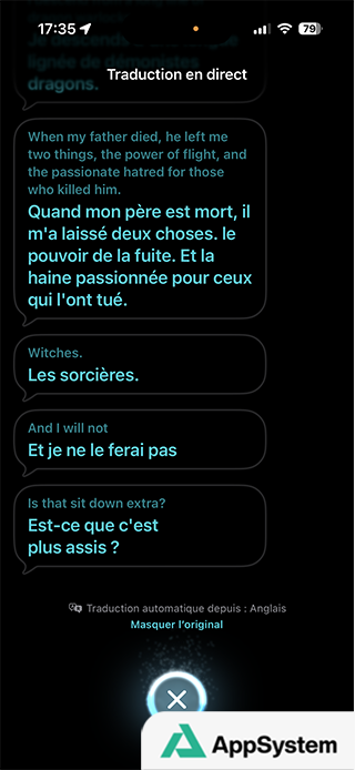 Exemples de traduction en direct affichée dans l’app Traduire