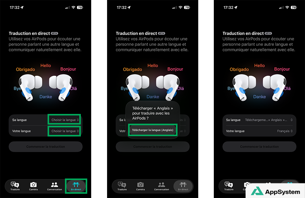 Choix de la langue à traduire dans l’app Traduire avec AirPods