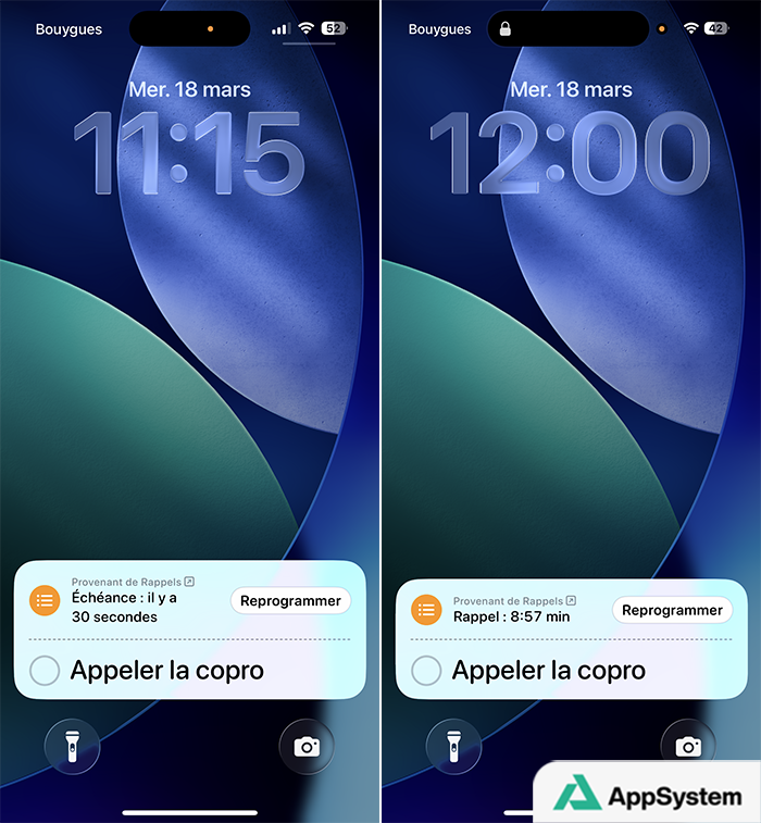 L'activité en direct d'un rappel urgent (alarme)