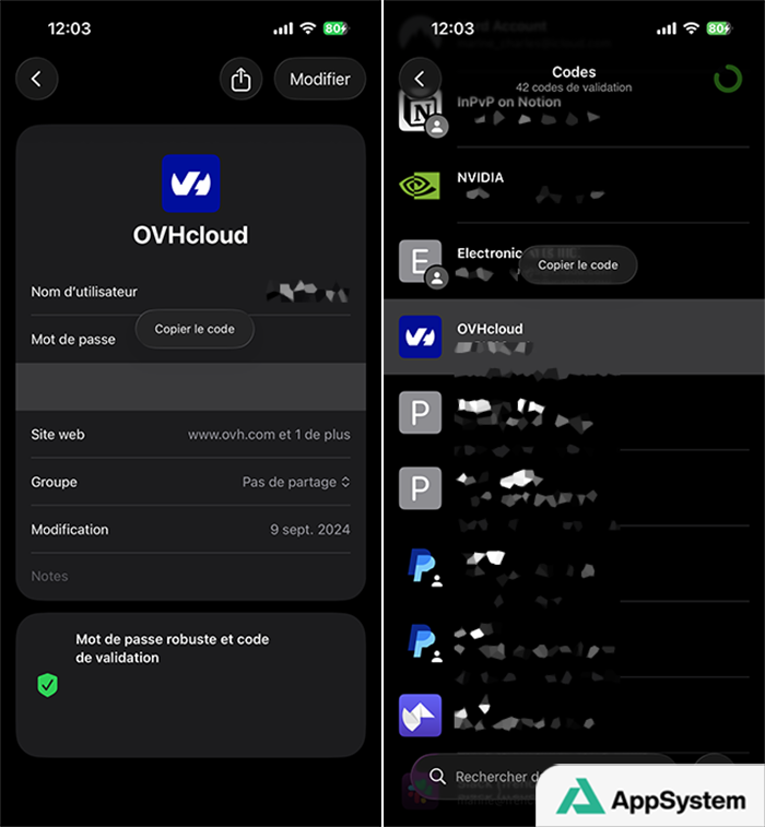Copier un code de validation