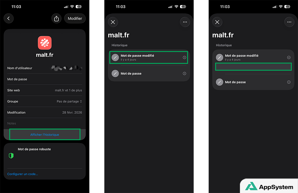 Accéder et copier un ancien mot de passe depuis l'historique sur iPhone