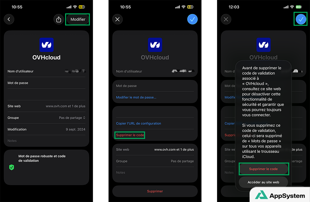 Supprimer un code de validation dans l'app Mots de passe iPhone