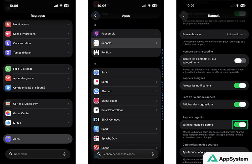 Activer Terminer (le rappel) depuis l'alarme
