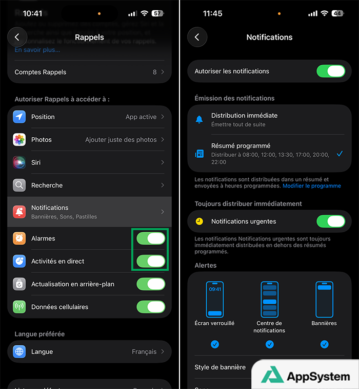 Vérification des réglages nécessaires pour les rappels urgents (alarmes)