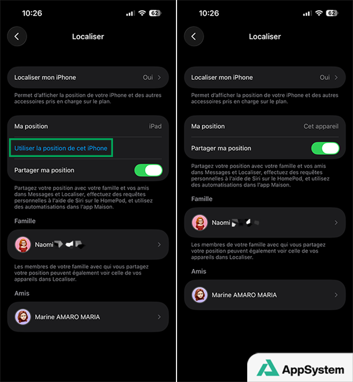 Utiliser la position de cet iPhone