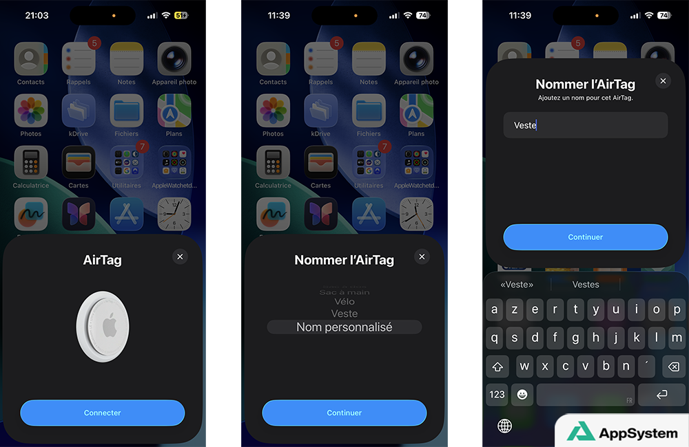 Commencer la connexion, l’appairage de l’AirTag à Localiser iPhone