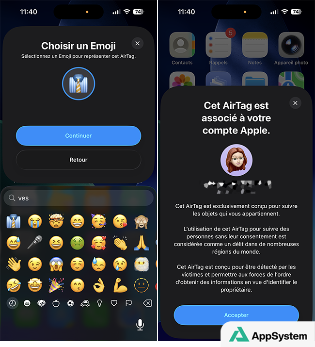 Choix de l’emoji pour représenter l’AirTag
