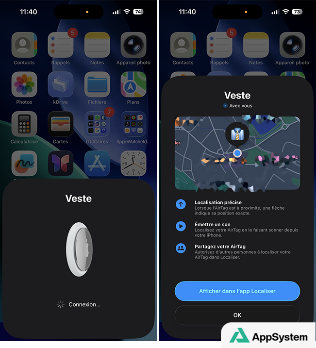 Connexion de l’AirTag terminée