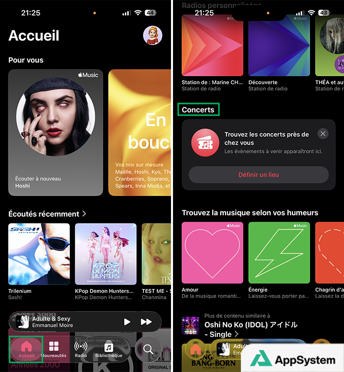 Section Concerts depuis l’Accueil dans l’app Musique sur iPhone avec iOS 26.4