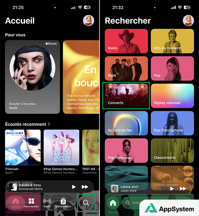 Section Concerts depuis la recherche dans l’app Musique sur iPhone avec iOS 26.4