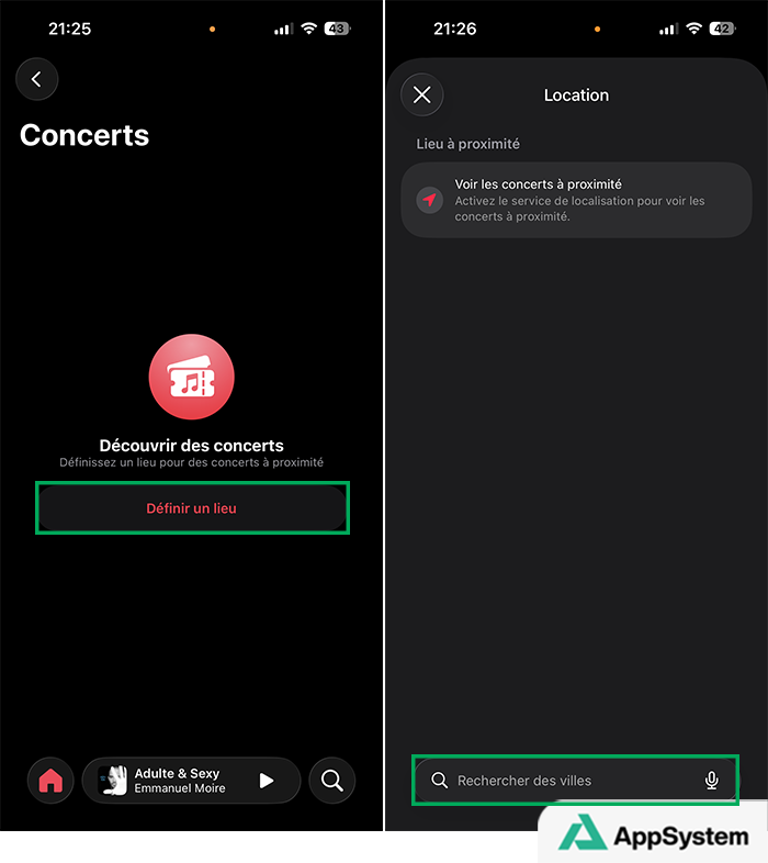 Définir un lieu pour trouver des concerts localement