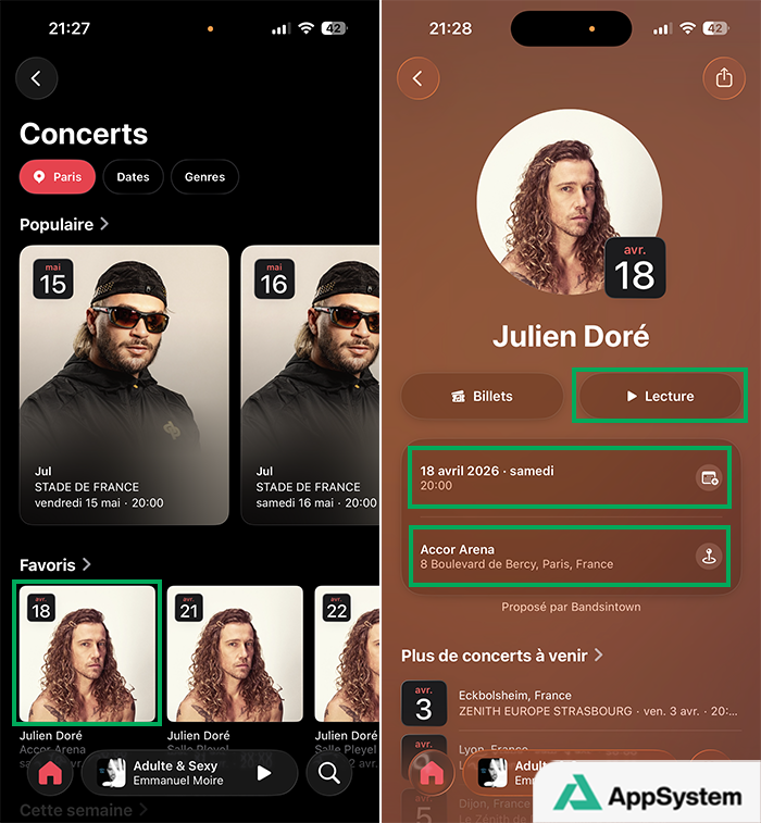 Détails d’un concert depuis l’app Musique sur iPhone