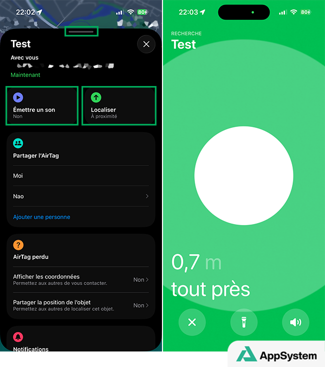 Émettre un son ou localiser un AirTag sur iPhone