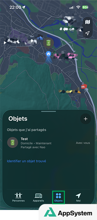Menu Objets de l’app Localiser