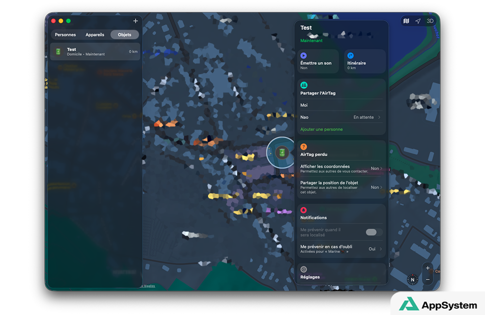 Options / informations AirTag - app Localiser sur Mac