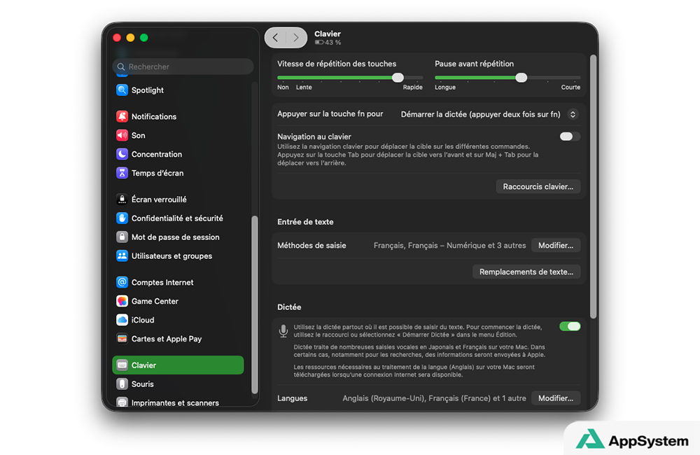 Réglages Système > Clavier