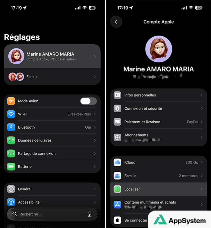 Accéder aux réglages de Localiser de votre compte Apple