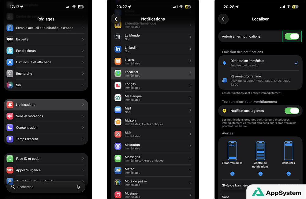 Autoriser les notifications de l’application Localiser