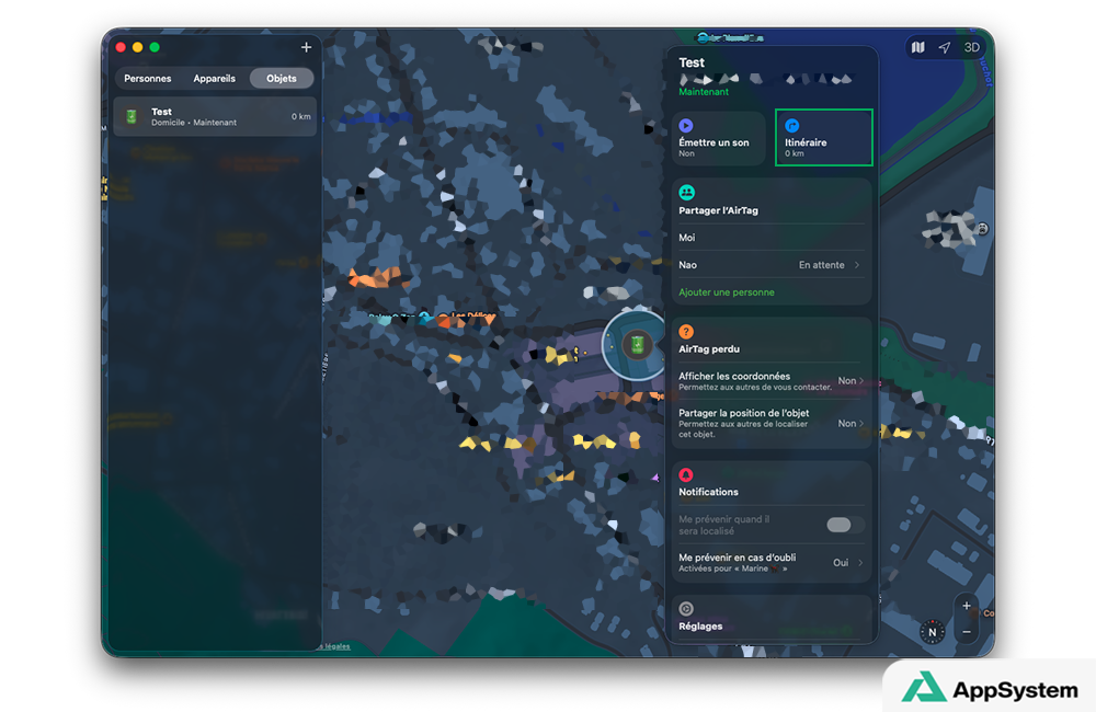 Localiser l’AirTag et faire un itinéraire depuis le Mac