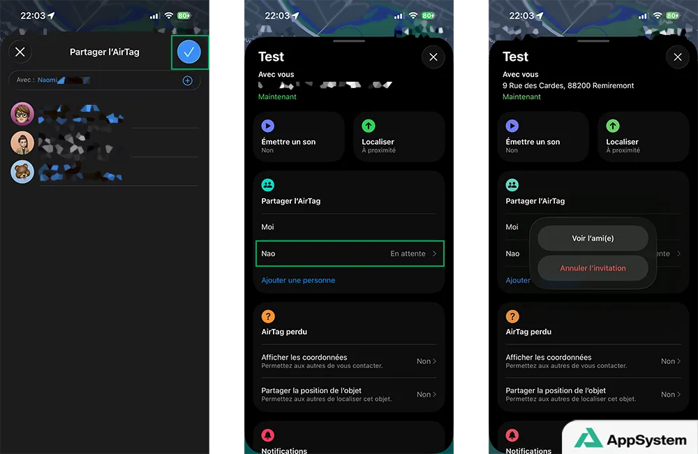 Finaliser ou annuler l’ajout d’une personne à partager le suivi de l’AirTag