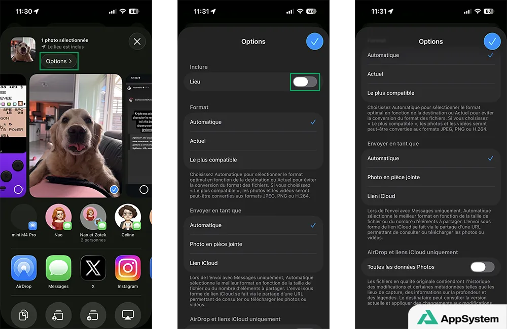 Désactiver le partage du lieu lors du partage d’une photo depuis l’application Photos sur iPhone