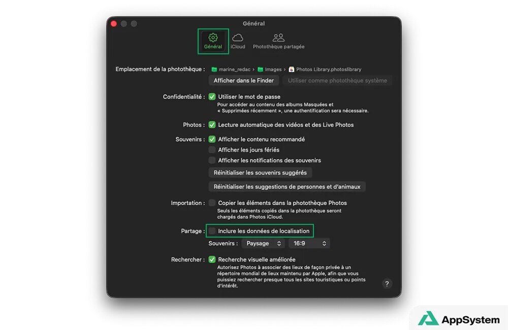 Réglages de l’appareil Photos sur Mac, onglet Général, désactivé le partage du lieu lors du partage d’une photo depuis l’application Photos sur Mac