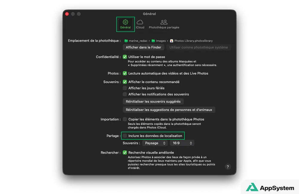 Réglages de l’appareil Photos sur Mac, onglet Général, désactivé le partage du lieu lors du partage d’une photo depuis l’application Photos sur Mac