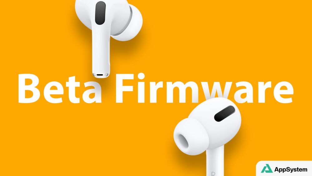 Illustration d’AirPods Pro sur fond orange avec texte beta firmware