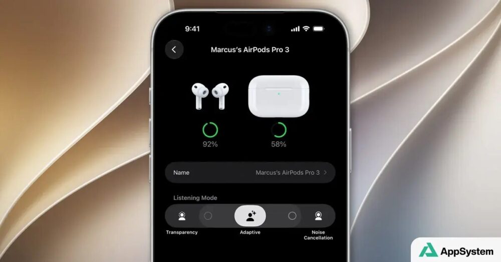 Capture d’écran des réglages AirPods Pro avec mode adaptatif