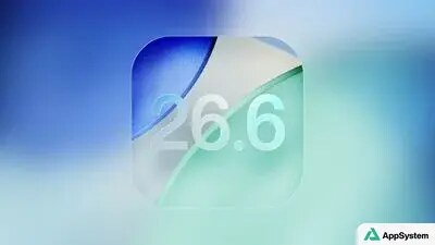 Icône iOS 26.6 sur fond dégradé bleu et vert