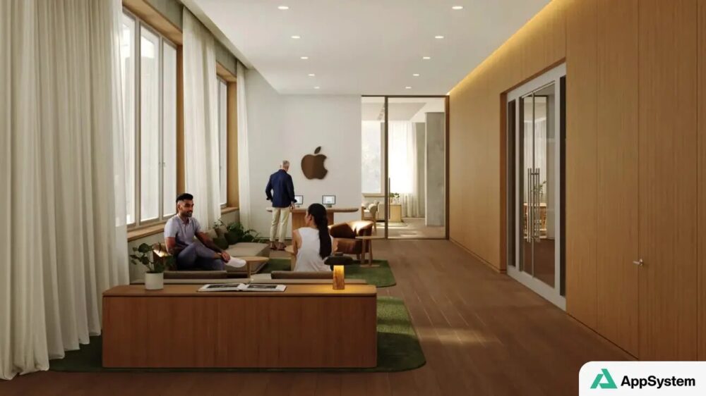 Rendu d’un espace de présentation Apple avec logo