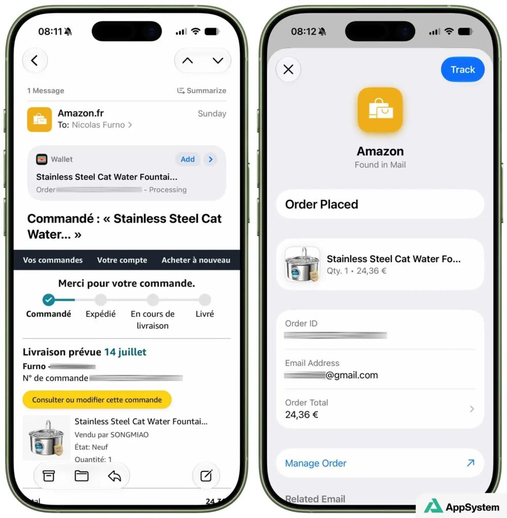 Suivi d’une commande Amazon dans Mail et Cartes