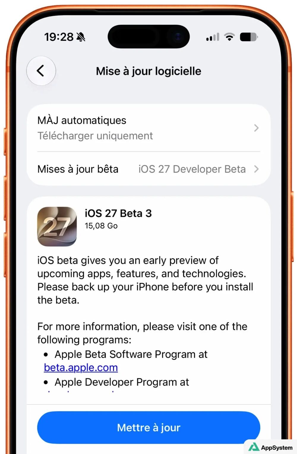 Capture d’écran d’une mise à jour iOS 27 bêta 3