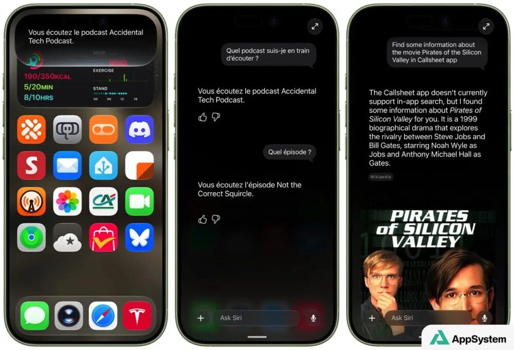 Capture d’écran de Siri AI dialoguant avec des apps tierces