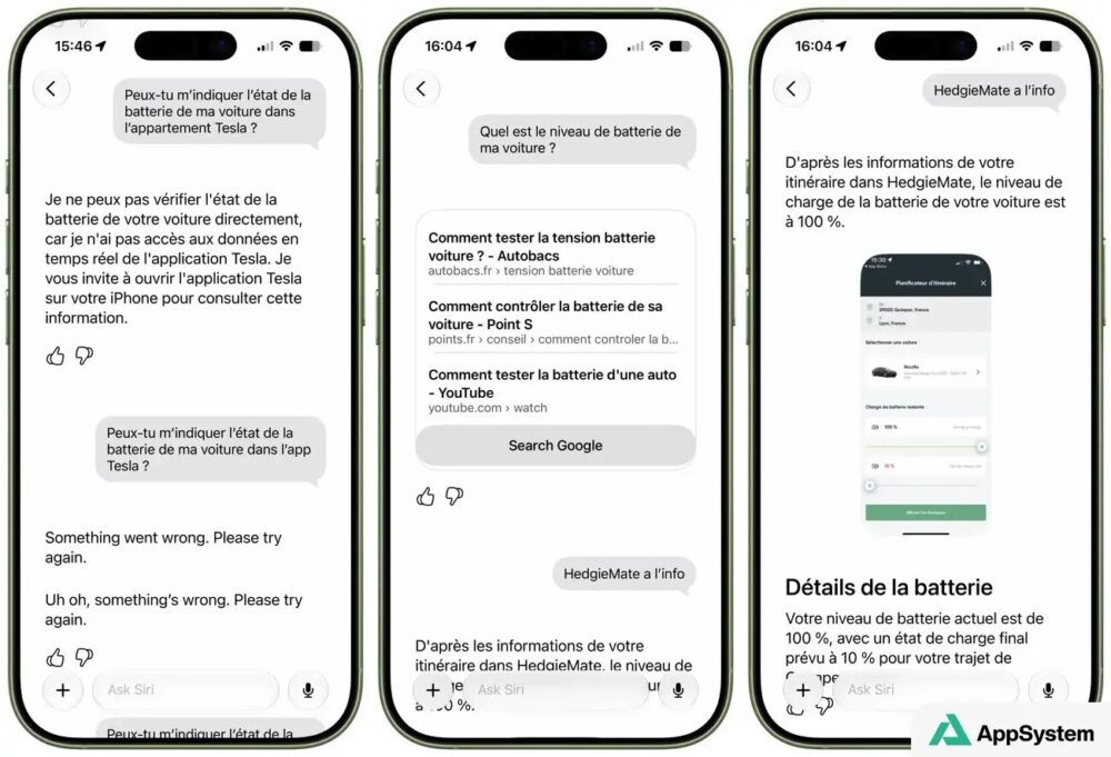 Siri AI interroge des apps Tesla et HedgieMate sur la batterie