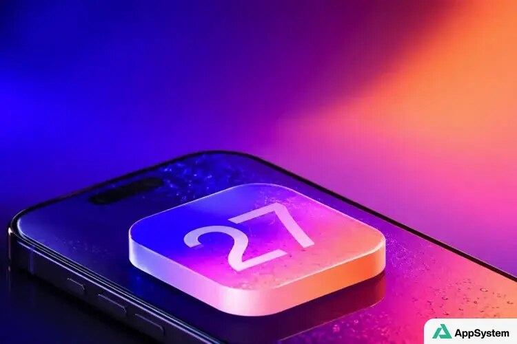 iPhone affichant une icône iOS 27 sur fond coloré