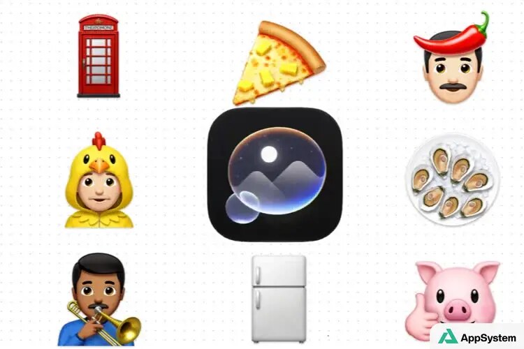 Icône de Siri entourée d’emojis sur fond blanc