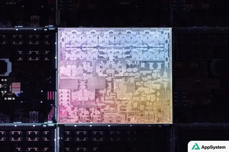 Gros plan d’une puce Apple Silicon destinée à l’IA