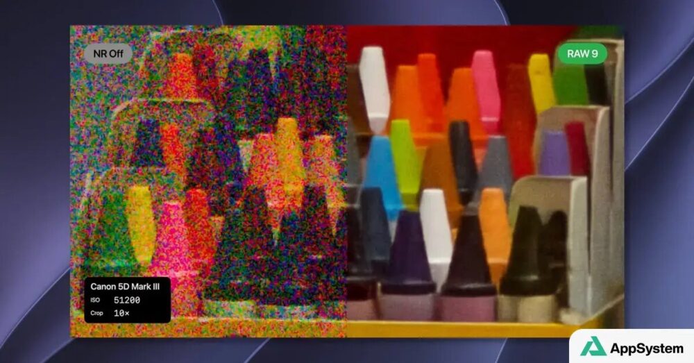 Comparaison RAW bruitée et traitée d’objets colorés