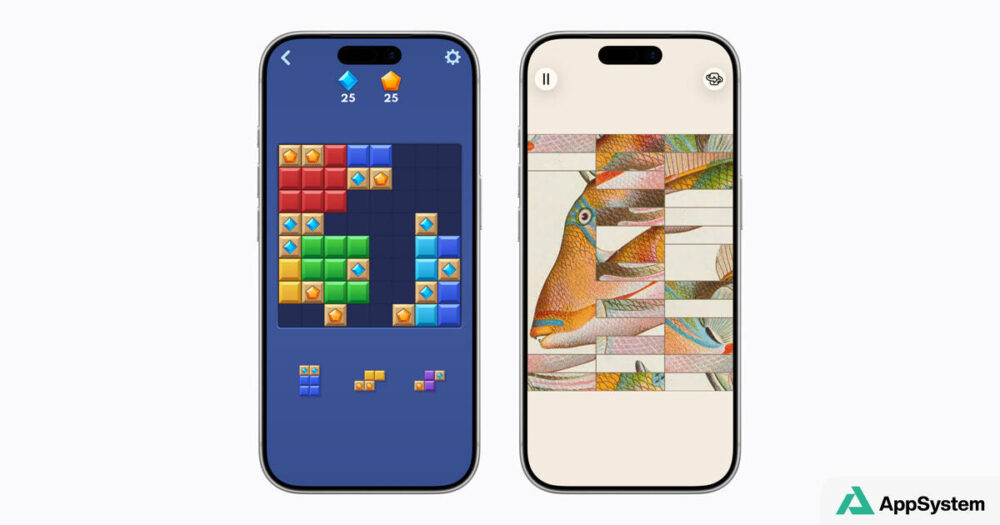 Deux iPhone affichent les jeux Block Blast+ et Art of Fauna