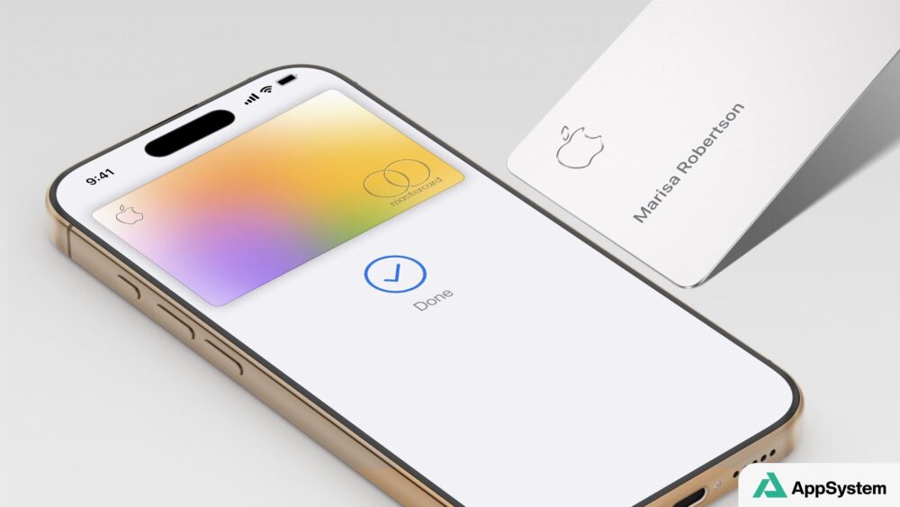 Rendu d’un iPhone affichant une carte Apple Card et une carte physique
